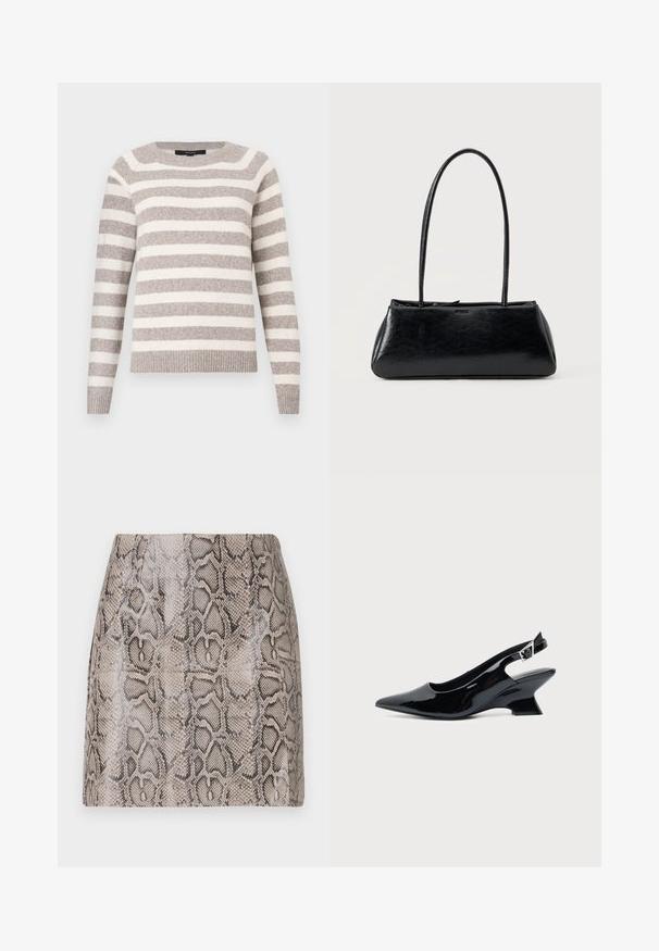 Beige og hvid stribet sweater lavet af blødt materiale. Rund halsudskæring, ribstrikkede ærmegab og kant. Lange ærmer med afslappet pasform.; En tætsiddende miniskørt med en blank, struktureret faux slangeskindsprint i nuancer af beige og sort, med en glat overflade og uden synlige lukninger.; Sort laklæder slingback sko med spids tå og lav vinklet blokhæl på ensartet lys baggrund.; Sort rektangulær skuldertaske med lange tynde stropper og en glat, blank tekstur på en ensfarvet baggrund.