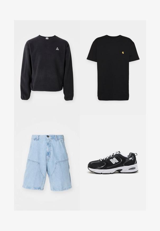 Sort sweatshirt med lange ærmer, rund halsudskæring og elastiske manchetter. Har et lille hvidt trekantet logo på venstre bryst. Blød tekstur.; Sort bomulds t-shirt med korte ærmer, rund halsudskæring og et lille gult logo på venstre brystområde. Enkel design og almindelig pasform.; Lyseblå denimshorts med en løs pasform, udstyret med to store forlommer og en knaplukning i taljen.; Sorte og grå sportssko med mesh og ruskind på overdelen, der har en hvid mellemsål, snørebånd og et iøjnefaldende "N" logo på siden.