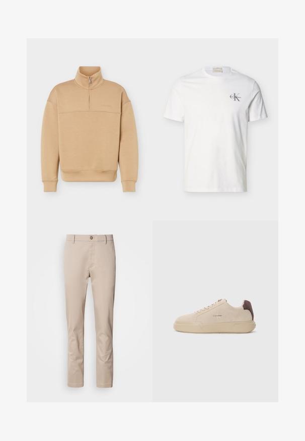 Sudadera beige con cremallera media, cuello alto, mangas largas, puños y dobladillo acanalados, y un sutil logo de la marca en el pecho.; Camiseta de algodón blanca de manga corta con pequeño logo gris de "Calvin Klein" en el pecho izquierdo, cuello redondo y corte regular.; Chinos de algodón beige con corte recto, trabillas para cinturón, un solo botón frontal y una superficie lisa, sin texturizar. No se ven bolsillos.; Zapatilla de ante beige con punta redondeada, cordones en la parte frontal y un acento de ante marrón en el talón. Cuenta con una suela de goma texturizada.
