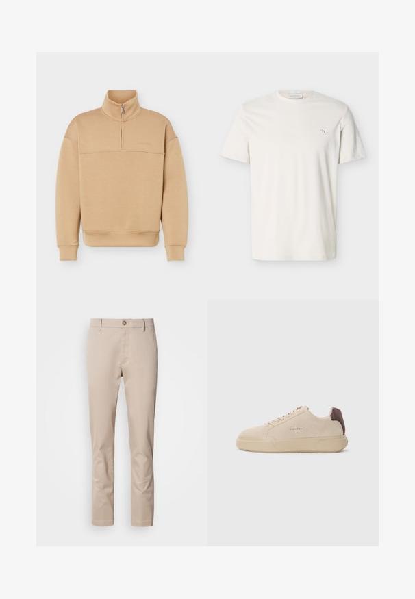 Sweat-shirt beige à demi-fermeture éclair avec col montant, manches longues, poignets et ourlet côtelés, et logo de marque discret sur la poitrine.; T-shirt blanc uni à manches courtes avec col rond et petit écusson logo CK sur le côté gauche de la poitrine.; Chinos en coton beige avec une coupe droite, passants de ceinture, un unique bouton frontal et une surface lisse, sans texture. Aucune poche n'est visible.; Baskets en daim beige avec un bout rond, lacets à l'avant et un accent en daim marron sur le talon. Dotées d'une semelle en caoutchouc texturé.