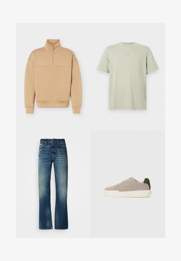 Sudadera beige con cremallera media, cuello alto, mangas largas, puños y dobladillo acanalados, y un sutil logo de la marca en el pecho.; Camiseta de algodón verde clara con cuello redondo, mangas cortas y un pequeño logo de Calvin Klein en una tonalidad más oscura impreso en el pecho.; Jeans de mezclilla azul con un corte recto, lavado medio, detalles deslavados, cinco bolsillos y cierre de botón. Costuras distintivas a lo largo de las costuras.; Zapatillas de piel de ante beige con suela de goma blanca, que presentan un acento en el talón de color verde oscuro y un sutil logo en el lateral.