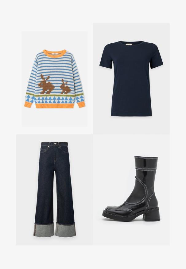 Kindertrui met lange mouwen, gebreid, met blauw-witte strepen, oranje kraag en manchetten, bruine konijnmotieven en een blauw driehoekpatroon.; Effen donkerblauw T-shirt met korte mouwen en een ronde hals op een lichtgrijze achtergrond.; Donkerblauwe denim jeans met wijde pijpen en opgerolde zomen die een lichtere binnenstof tonen en zilveren knoopsluiting.; Zwarte lakleren enkellaars met witte stiksels, ronde neus en blokhak. Kenmerkt zich door gebogen ontwerplijnen en een gladde textuur.