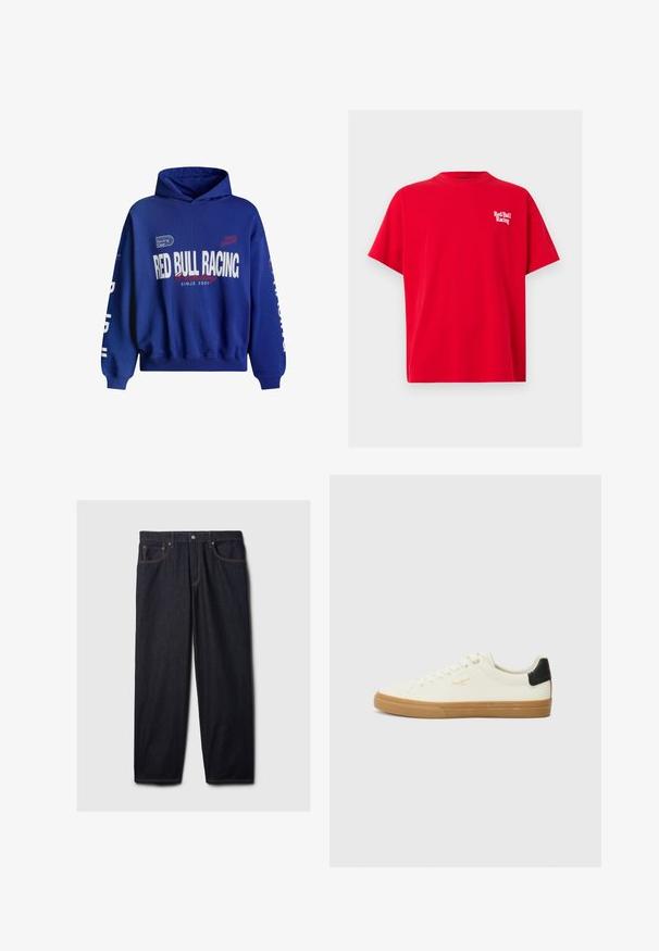 Sweat à capuche bleu avec les textes "RED BULL RACING" et "Competing since 2004" imprimés sur le devant, et texte blanc sur les manches.; T-shirt rouge à manches courtes et col rond avec le logo blanc "Red Bull Racing" sur la poitrine gauche.; Jeans en denim noir avec une coupe droite, dotés d'une fermeture à bouton et à zip, de deux poches avant et de coutures orange contrastantes.; Sneaker en toile blanche avec une semelle en gomme, accent au talon noir, bout rond et design à lacets. Présente le logo de la marque en doré sur le côté.