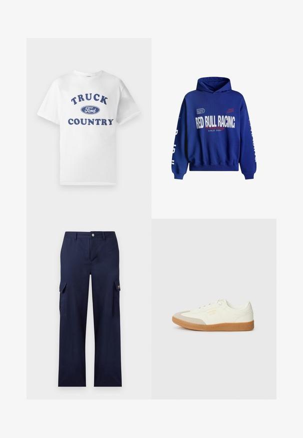 Blå hættetrøje med teksten "RED BULL RACING" og "Competing since 2004" trykt på fronten samt hvid tekst på ærmerne.; Hvid bomulds t-shirt med blå trykt tekst "TRUCK COUNTRY" og et blåt ovalt "Ford"-logo i midten. Korte ærmer og rund hals.; Marineblå cargobukser med rette ben, sidelommer med klap, bæltestropper samt lukning med knap og lynlås foran.; Sneaker lavet af hvid læder med en beige tåhætte og let brunt gummisål. Har flade hvide snørebånd og prægede branding på siden.