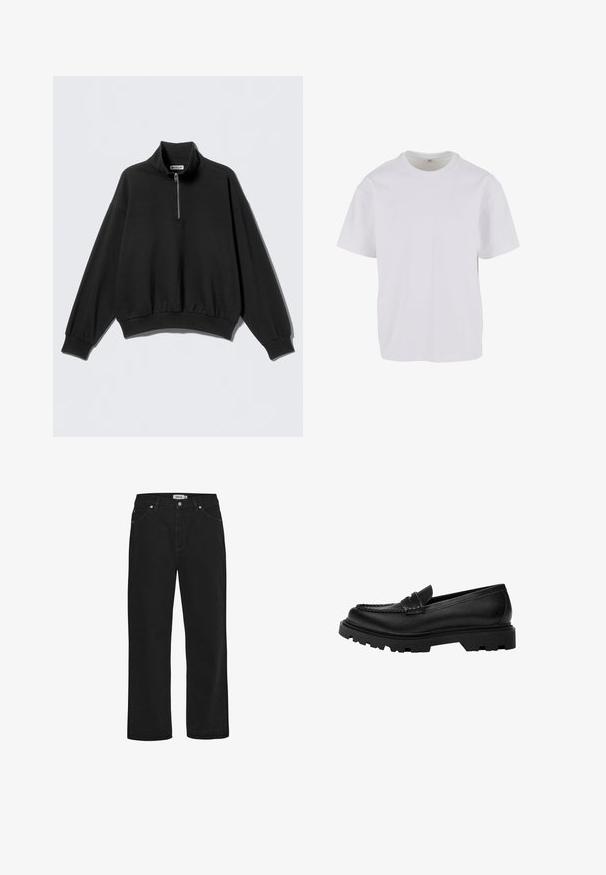 Schwarzer Pullover mit hohem Kragen und halbem Reißverschluss, mit überschnittenen Schultern und geripptem Saum. Hergestellt aus weichem, strukturiertem Stoff.; Weißes kurzärmeliges T-Shirt aus weicher Baumwolle, mit rundem Ausschnitt und lockerer Passform sowie geradem Saum. Keine Muster oder Akzente sichtbar.; Schwarze Jeans aus Denim mit geradem Schnitt, Fünf-Taschen-Design, Kupferhardware-Akzenten und einem robusten Bund. Glatte Textur, schlichte Stil.; Schwarze Lederloafer mit einer robusten, strukturierten Sohle. Verfügt über eine dekorativ gestickte Kante und einen niedrigen Absatz für ein zeitgemäßes Design.