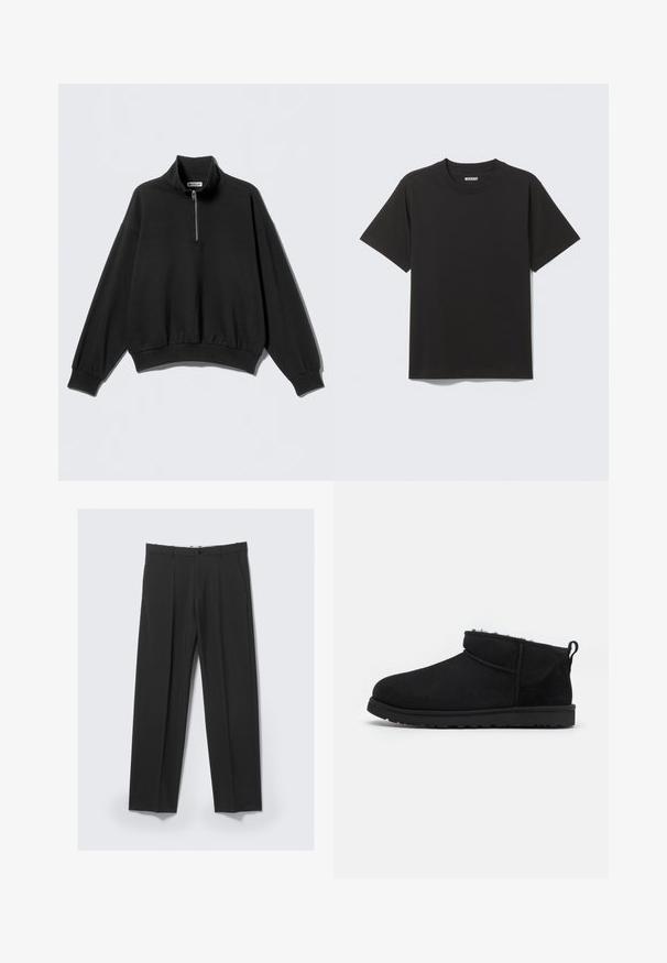 Zwarte sweatshirt met een hoge kraag en halve rits, met doorgezakte schouders en geribde zoom. Gemaakt van zachte, gestructureerde stof.; Effen zwart katoenen T-shirt met korte mouwen, een ronde hals en een merklabel "WEEKDAY" aan de binnenkant van de kraag op een lichtgrijze achtergrond.; Zwarte op maat gemaakte broek met plooien aan de voorkant, zijzakken, riemlussen en knoopsluiting in de tailleband op een lichte achtergrond.; Zwarte suède enkellaarsjes met een zachte, gestructureerde voering, een lage rubberen zool en een lus aan de achterkant voor gemakkelijk aantrekken.