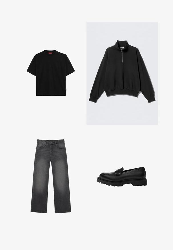 Schwarzer Pullover mit hohem Kragen und halbem Reißverschluss, mit überschnittenen Schultern und geripptem Saum. Hergestellt aus weichem, strukturiertem Stoff.; Schwarzes kurzärmliges T-Shirt aus Baumwolle mit Rundhalsausschnitt und einem kleinen Etikett an der Seite. Glatte Textur und gerader Schnitt.; Schwarze verblasste Jeans mit weitem Bein, fünf Taschen, Knopfverschluss und Gürtelschlaufen, auf weißem Hintergrund präsentiert.; Schwarze Lederloafer mit einer robusten, strukturierten Sohle. Verfügt über eine dekorativ gestickte Kante und einen niedrigen Absatz für ein zeitgemäßes Design.