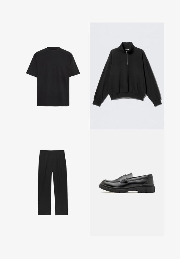 Sort sweatshirt med høj krave og halv lynlås, der har sænkede skuldre og ribbet kant. Fremstillet af blødt, struktureret stof.; Sort bomulds T-shirt, korte ærmer, rund hals, letvægts, løs pasform, glat tekstur, ingen synlige mønstre eller accenter.; Sorte bukser med lige ben, lavet af et glat stof. Har frontfolder og en enkelt knaplukning i taljen.; Sort læder loafersko med en bred rem over forfoden, gummisål med tykke mønstre og glat overflade. Klassisk, slankt design.