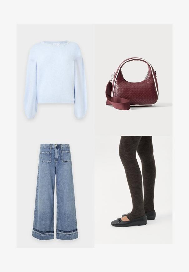 Lyseblå sweater med blød tekstur, ballonsleeves og en halsudskæring med perledetaljer. Kort design med ribkant og manchetter.; Lysblå denim brede bukser med høj talje, to baglommer og kontrasterende syninger langs kanten.; Ben iført mørke ribbede leggings kombineret med sorte balletsko med små sløjfedetaljer på hvid baggrund.; Mørkerød vævet lædertaske med buet hank, hvid kant, sølv lynlås og aftagelig bred stofskulderrem mod en ensfarvet baggrund.