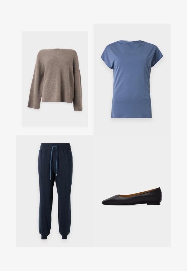 Brun strikket bluse med lange ærmer, bred bådudskæring og en let løs, boxy pasform på en ensfarvet lys baggrund.; Kortærmet blå crew-neck skjorte med løs pasform, vist på en ensfarvet lys baggrund.; Marineblå joggerbukser med elastisk talje, frontlommer, blå snor, sidelister og ribbede manchetter ved anklerne.; Sort læder flad sko med spids tå, lav hæl og glat finish, vist fra siden på en lysegrå baggrund.
