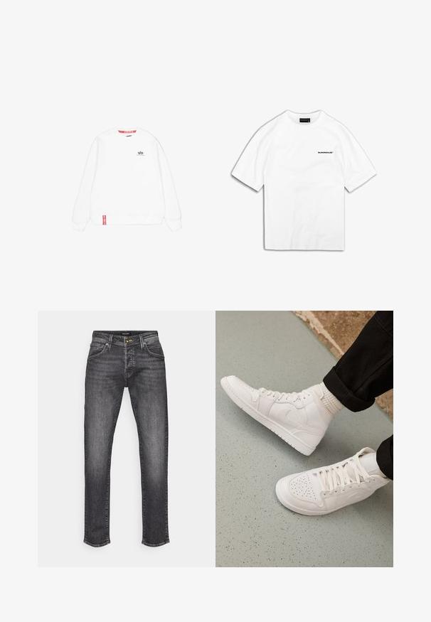 Sudadera de cuello redondo de manga larga blanca con pequeño logo negro de Alpha Industries en el lado izquierdo del pecho y etiqueta roja cerca del dobladillo inferior.; Camiseta blanca de manga corta hecha de algodón con corte recto. Presenta un pequeño texto de logo negro en la parte izquierda del pecho.; Vaqueros de mezclilla gris oscuro con corte recto, que presentan un diseño clásico de cinco bolsillos y un ligero desgastado. Cierre con botón de metal y cremallera.; Zapatillas altas blancas hechas de cuero suave con puntera perforada, cierre de cordones y sutil detalle del logo en el lateral. Suela de goma texturizada.