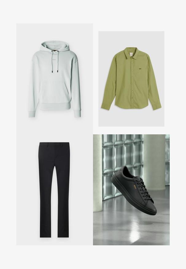 Sudadera con capucha de color gris claro, con bolsillo canguro delantero, cordones ajustables, puños y dobladillo acanalados, y el logo "BOSS" sutil en el pecho.; Camisa de manga larga verde claro con cuello abotonado, que presenta un pequeño logo en el pecho y botones a juego. Textura suave, diseño sencillo.; Pantalones negros con diseño de pierna recta, confeccionados en una tela suave. Presenta bolsillos frontales, cierre de botón y trabillas para cinturón.; Zapatilla baja de piel negra con cordones negros y logo dorado BOSS en el lateral, flotando sobre un suelo gris brillante en un espacio interior moderno.