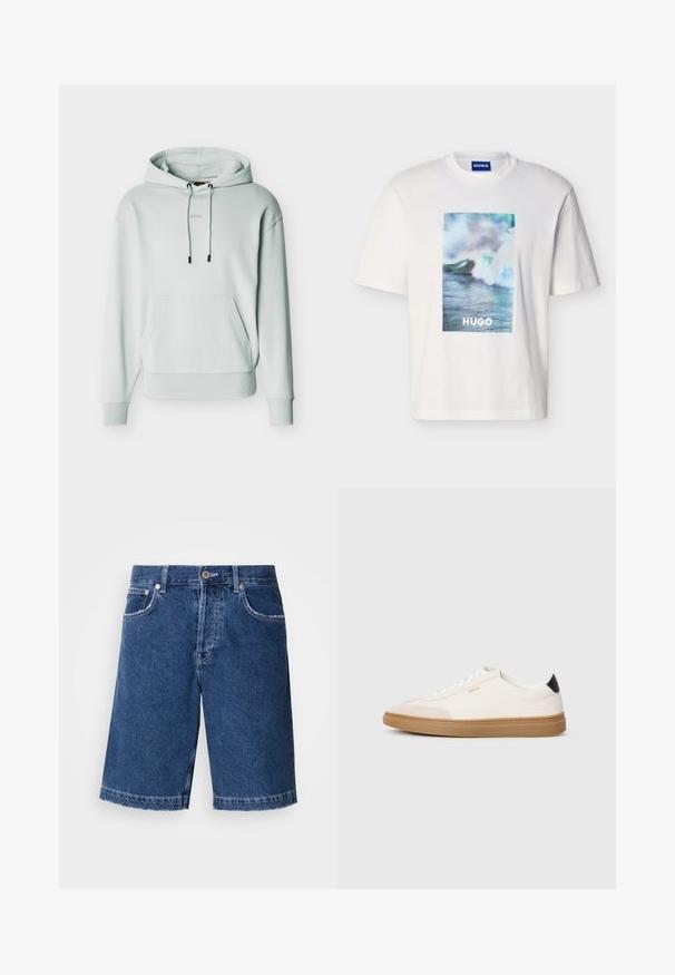 Lichtgrijze pullover hoodie met voorzak in kangaroestijl, verstelbare trekkoorden, geribbelde boorden en zoom, en subtiel "BOSS"-logo op de borst.; Wit T-shirt met korte mouwen met blauwe, groene en witte oceaangolfgrafiek en de tekst "HUGO" gecentreerd aan de voorkant.; Donkerblauwe denim shorts met een rechte snit, twee voorzakken en een klassieke knoopsluiting. Gestikte zoom met lichte vervaging.; Witte sneakers met beige accenten, bovenwerk van glad leer, ronde neus en rubberen gumzool, met een zwarte hieltab en subtiele branding.