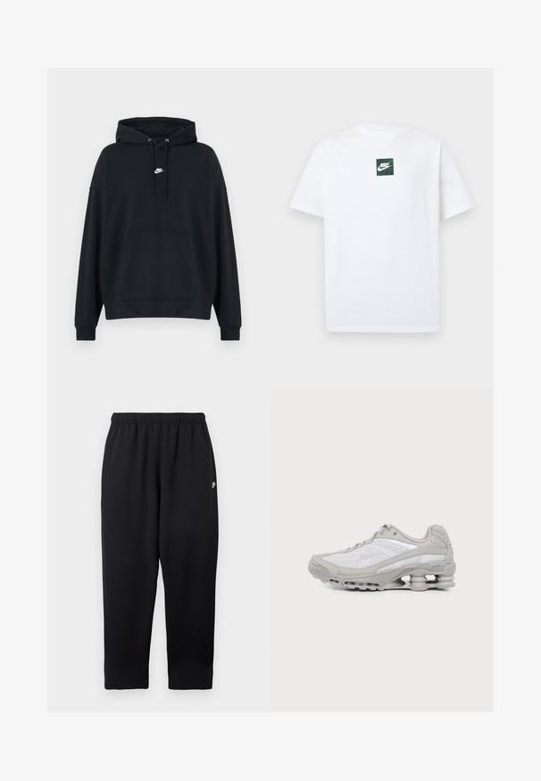 Sort Nike-hoodie med forreste kængurulomme, justerbar snøre i hætten og lille hvid Nike-logo i midten af brystet.; Hvid Nike T-shirt med korte ærmer og et lille grønt firkantet logo med Nike swoosh og tekst centreret på brystet.; Sorte joggingbukser med elastisk taljebånd, der har et lille hvidt logo på venstre side. Fremstillet af blødt, let stof. Lige ben.; Grå og hvid atletiksko med mesh-paneler, snørelukning og en unik fjedrende sål til stødabsorbering og støtte.