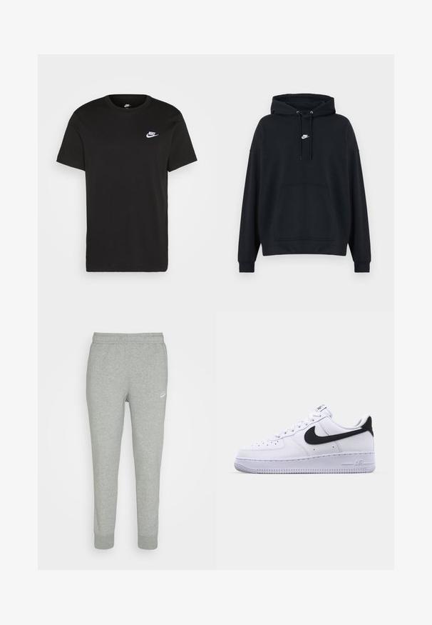 Musta Nike-huppari, jossa edessä kengurun tasku, säädettävä kiristysnyöri hupussa ja pieni valkoinen Nike-logo rinnan keskellä.; Mustapaita, jossa on lyhyet hihat, pyöreä kaula-aukko ja pieni valkoinen Nike-logo vasemmassa ylärinnassa. Sileä rakenne. Klassinen malli.; Harmaat collegehousut pehmeästä kankaasta, joissa on kapeneva lahje, joustava vyötärö ja pieni valkoinen Nike-logo vasemmassa reisissä.; Valkoinen nahkakenkä, jossa on teksturoitu musta Swoosh, litteät nauhat ja kumipohja, jossa on uritettu malli. "AIR" on painettu kantapään kohdalle.
