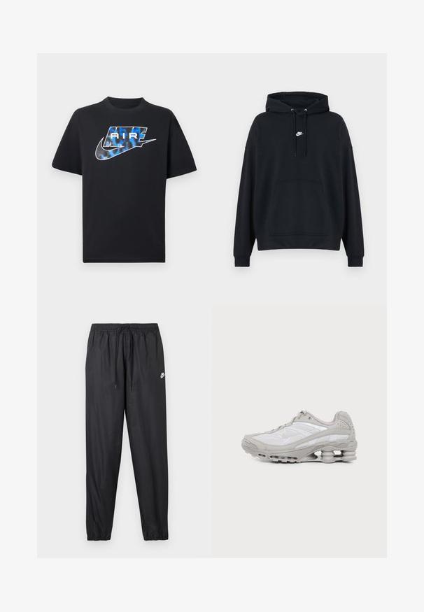 Črna Nike trenirka s sprednjim žepom kenguru, nastavljivo kapuco z vrvico ter majhnim belim Nike logotipom na sredini prsnega koša.; Črna majica s kratkimi rokavi z modrim in belim stiliziranim napisom "AIR" ter logotipom Nike Swoosh na prsih.; Črni športni hlače z elastičnim pasom in nastavljivim vrvico. Gladek, lahkoten material z majhnim belim logotipom Nike.; Sivo-belo športno copato z vidnim zračnim blažilcem na podplatu in mrežicnimi paneli, prikazana v profilu na preprostem svetlem ozadju.