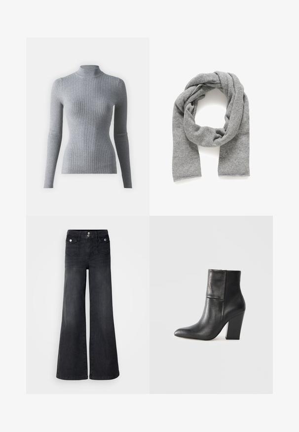 Grauer, gerippter Rollkragenpullover mit langen Ärmeln, aus Strickstoff gefertigt. Besitzt ein tailliertes Design und einen hohen Kragen für zusätzliche Wärme.; Schwarze Denim-Jeans mit weitem Bein und hoher Taille, mit vorderen Knöpfen und zwei Vordertaschen; glatte Textur mit leichtem Verwaschungsfinish.; Schwarzer Leder-Stiefelette mit spitzer Spitze und dickem Blockabsatz auf schlichtem hellgrauem Hintergrund.; Grau gestreifte Schal aus weichem, strukturiertem Stoff. Lange, rechteckige Form mit einem drapierten, geschichteten Aussehen. Keine sichtbaren Muster oder Beschläge.