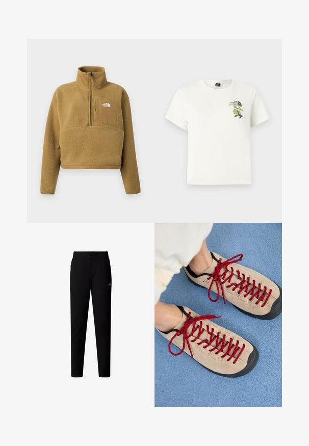 Tan fleece pullover med halv lynlås i kraven, frontlomme og elastisk kant; har en blød, struktureret overflade og en hvid logoaccent.; Hvid bomuld T-shirt med korte ærmer. Indeholder grøn og gul blomsterbroderi på venstre bryst, inklusiv logo. Almindelig pasform.; The North Face W QUEST SOFTSHELL PANTS - Bukser - tnf black; Beige sko med røde snørebånd, placeret på en blå tekstureret overflade, delvist synliggørende en persons ankel. Skoene har et sporty design.