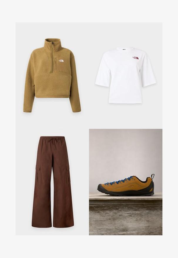 Tan fleece pullover med halv lynlås i kraven, frontlomme og elastisk kant; har en blød, struktureret overflade og en hvid logoaccent.; Hvid T-shirt med korte ærmer, rund hals og lille vinrødt logo på øverste venstre bryst.; Brune cargo bukser med vidde ben, elastisk talje, snøre, sidelommer med klap og trykknapdetaljer ved sømmene.; Brun ruskind udendørs sko med blå snørebånd, sort gummisål og et strømlinet design. Har en bageste pull-tab for nem påtagning.