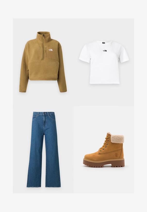 Tan fleece pullover med halv lynlås i kraven, frontlomme og elastisk kant; har en blød, struktureret overflade og en hvid logoaccent.; Hvid bomulds t-shirt med korte ærmer, rund hals og et sort The North Face-logo på brystet. Enkel, udekoreret design.; Blå vidde bukser i denim med foran knap, lynlås og klassisk design med fem lommer på hvid baggrund.; Tan ruskindsstøvle med en kunstig pelskrave, gyldne øjer og en kontrasterende gummisål. Har et logo på siden og struktureret sål.