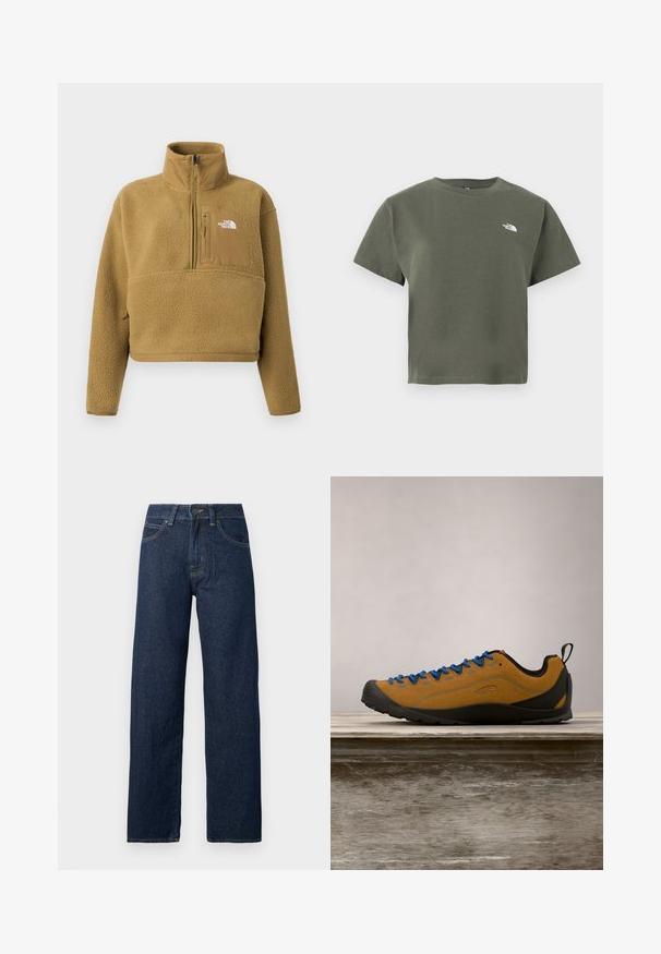 Beige fleece trui met een halve ritssluiting bij de kraag, een voorzak en een elastische zoom; heeft een zachte, gestructureerde oppervlakte en een wit logo-accent.; Olivengroen katoenen T-shirt met korte mouwen, ronde hals en een klein wit logo op de linkerborst. Gladde textuur en een ontspannen pasvorm.; Donkerblauwe rechte spijkerbroek met knopen aan de voorkant, ritssluiting en een vijfzakkenontwerp op een witte achtergrond.; Bruine suède outdoor schoen met blauwe veters, zwarte rubberen zool en een slank ontwerp. Beschikt over een trek lus aan de achterkant voor gemakkelijk aantrekken.