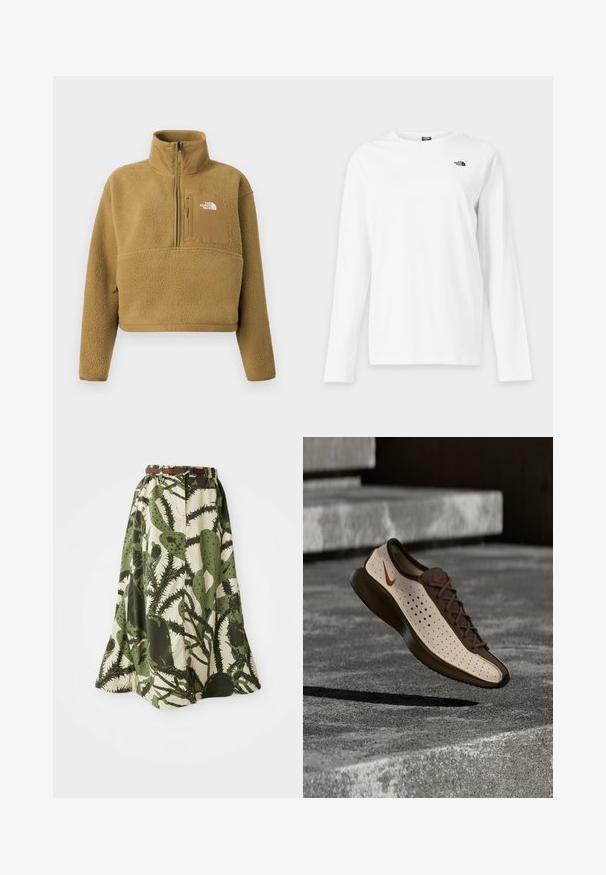 Tan fleece pullover med halv lynlås i kraven, frontlomme og elastisk kant; har en blød, struktureret overflade og en hvid logoaccent.; Hvid langærmet T-shirt med rund hals og lille sort The North Face-logo på venstre bryst.; Lang nederdel med kaktusprint i nuancer af grøn og creme, med en sammenpresset talje og et brunt bælte til lukning.; Nike-sneaker med beige perforeret overdel og brune detaljer svæver over betonstrappen og kaster en skygge.