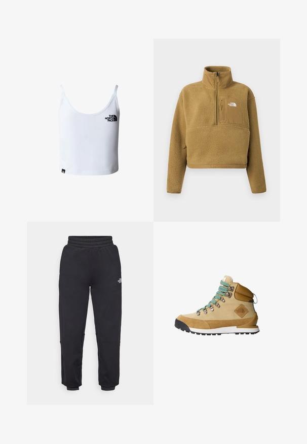 Beige fleece trui met een halve ritssluiting bij de kraag, een voorzak en een elastische zoom; heeft een zachte, gestructureerde oppervlakte en een wit logo-accent.; Witte cropped tanktop met dunne bandjes, met het zwarte The North Face-logo op de borst en vlak bij de onderzoom.; The North Face W MOUNTAIN ATHLETICS - Trainingsbroek - black; Tan wandelschoen met een bovenwerk van suede en canvas, turquoise veters, een gevoerde kraag en een zwarte rubberen zool met een geprofileerd grippatroon.