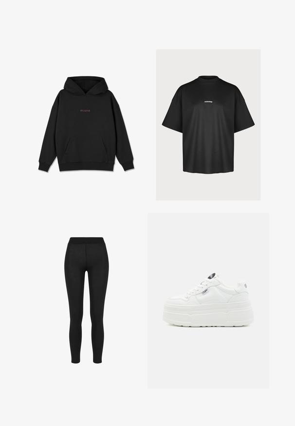 Sort hættebluse lavet af blødt stof, med en frontlomme, snøre til hætten og "PEGADOR" tekst i kirsebærrød på brystet.; Sort oversized t-shirt med korte ærmer og lille hvid "PEGADOR"-tekst centreret på brystet mod en neutral baggrund.; Sorte leggings i glat stof, med høj talje, tætsiddende design og uden synlige sømme, velegnet til afslappet eller aktivt brug.; Hvide platform sneakers med en glat syntetisk overflade, rund tå, polstret krave og tekstureret sål. Har et kontrasterende logo-tag.