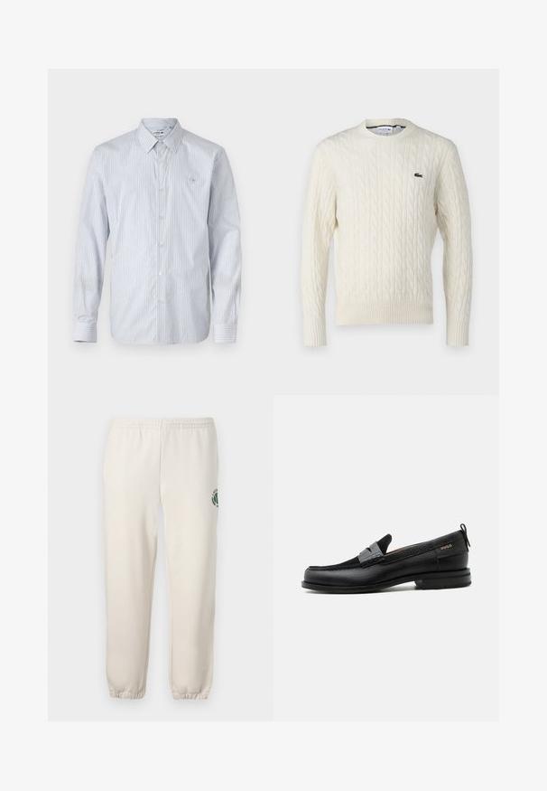 Pull en laine crème avec un motif en tressé, un col rond, des poignets et un ourlet côtelés, et un logo Lacoste vert sur la poitrine. Le tissu texturé accentue le détail.; Chemise à manches longues rayée en mélange de coton bleu clair et blanc. Dotée d'une fermeture à boutons, d'un col classique et d'un petit logo brodé sur la poitrine.; Pantalon de jogging beige clair en coton, doté d'une taille élastique, de poignets en côtes et d'un logo vert avec un design de feuille sur la jambe gauche.; Mocassin en cuir noir avec détail de bride grise, talon bas et semelle texturée, marqué "HUGO" en or sur le côté.