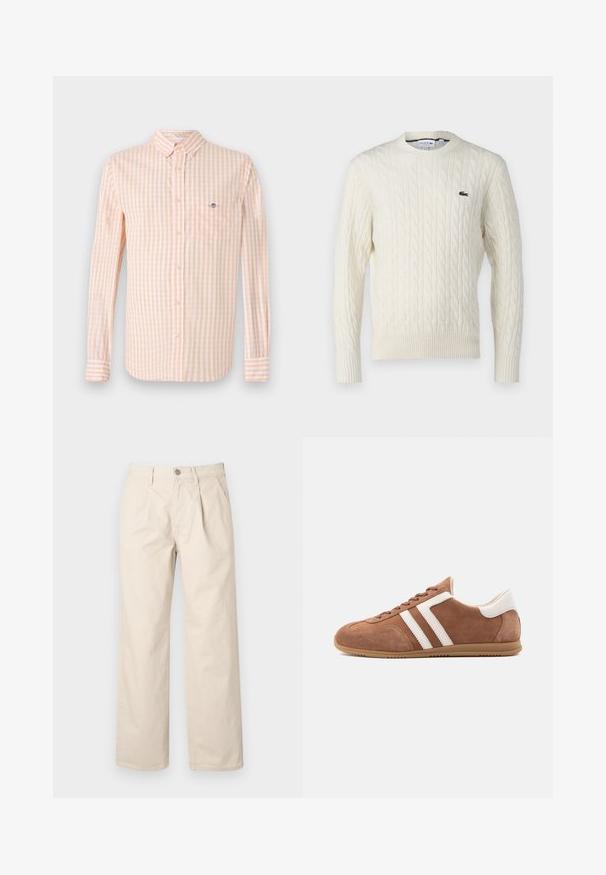 Crème kabelgebreide trui met ronde hals, geribde manchetten en zoom, en een groen Lacoste-logo op de borst. De textuur van de stof benadrukt de details.; Lichtoranje en witte geruite stoffen shirt met lange mouwen, button-down kraag en borstzak. Bevat een subtiele logo op de zak.; Beige wijde broek met hoge taille, met voorplooien, een knoopsluiting aan de voorkant en een zachte katoen stof.; Bruine suède sneaker met witte lederen strepen en hielstuk, beige rubberen zool en vetersluiting, zijaanzicht op witte achtergrond.