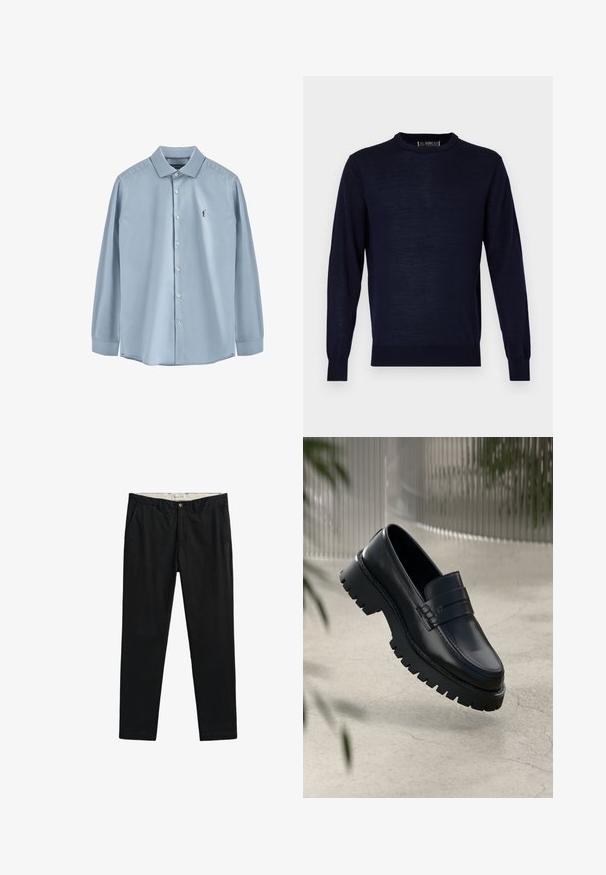 Navyblauer Langarmpullover aus einem glatten, leichten Stoff. Mit Rundhalsausschnitt und gerippten Bündchen und Saum. Minimalistisches Design.; Himmelblaues Hemd mit langen Ärmeln, Knopfleiste und Kragen sowie einem kleinen, dunkel gestickten Figurenlogo auf der linken Brust.; Schwarze Hose mit geradem Bein, Knopf- und Reißverschluss, Gürtelschlaufen und seitlichen Taschen, flach auf weißem Hintergrund liegend.; Schwarze Lederloafer mit einer robusten profilierten Sohle, ausgestattet mit einem dekorativen Riemen und einer Stichdetail. Glatte Textur mit einem polierten Finish.