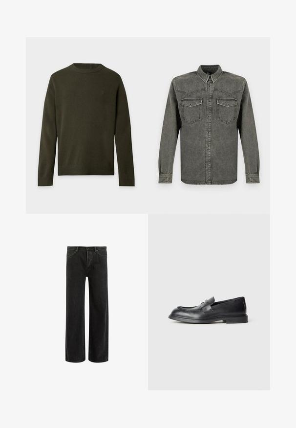 Dunkelgrüner Langarm-Pullover mit Rundhalsausschnitt, mit gerippten Bündchen und Saum, auf neutralem hellem Hintergrund dargestellt.; Schwarzes Langarm-Hemd aus gewaschenem Denim mit Knopfleiste und aufgesetzten Brusttaschen, vor weißem Hintergrund präsentiert.; Schwarze, weit geschnittene Jeans aus Denim mit hoher Taille, im klassischen Fünf-Taschen-Design und subtilem Verblassen für eine strukturierte Optik.; Schwarze Lederloafer mit strukturierter Oberfläche, versehen mit einem dekorativen Frontriemen und einer abgerundeten Spitze. Gummisohle für Langlebigkeit.