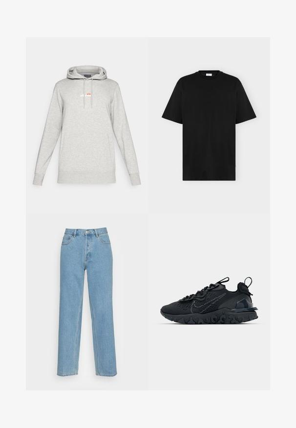 Junger Mann, der einen hellgrauen ellesse Hoodie und Jogginghose mit weißen und orangen Logos sowie eine leuchtend blaue Strickmütze vor einfarbigem Hintergrund trägt.; Schwarzes T-Shirt mit kurzen Ärmeln und Rundhalsausschnitt mit geradem Schnitt, auf einfachem hellgrauem Hintergrund dargestellt.; Helle blaue gerade geschnittene Jeans aus Denim mit einem klassischen Fünf-Taschen-Design, einem vorderen Knopfverschluss und sichtbaren Nähdetails.; Schwarzer Sportschuh mit atmungsaktivem Mesh-Obermaterial, strukturierten Akzenten und einer wellenförmigen Gummisohle. Verfügt über ein reflektierendes Logo und ein Schnürsystem.