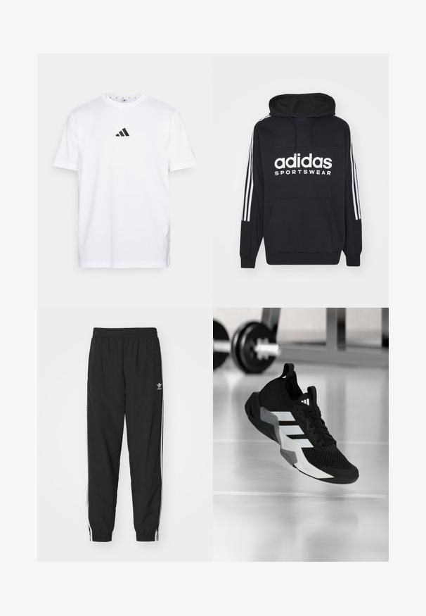 Zwarte Adidas hoodie met wit logo en de tekst "SPORTSWEAR". Voorzien van drie witte strepen op elke mouw, een voorvak en een capuchon met trekkoord.; Witte katoenen T-shirt met een klein zwart driehoekig logo op de borst, korte mouwen en een ronde halslijn. Eenvoudig en klassiek ontwerp.; Zwarte trainingsbroek met een elastische tailleband en boorden, voorzien van witte zijstrepen en een klein wit Adidas-logo op de linkse heup.; Zwart sportief schoen met een mesh bovenwerk, witte strepen en grijze accenten. Voorzien van een gevoerde kraag en een rubberen zool. Geschikt voor gebruik in de sportschool.