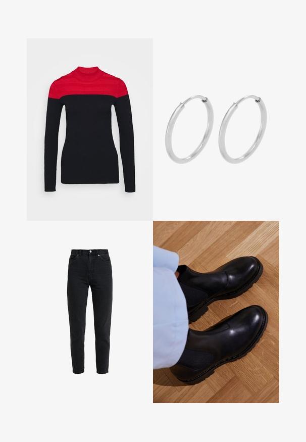 Sort langærmet sweater med høj hals, der har et rødt stribet mønster på den øverste del, lavet af et ribbet strikmateriale.; High-waist sort denim jeans med forreste knap og lynlås, to forlommer og en tilspidset ben foran på en hvid baggrund.; Sorte ankelstøvler lavet af glat læder med elastiske sidepaneler, en tekstureret gummisål og kontraststing langs kanten.; Sølv hoops øreringe, cirkulær form, glat skinnende tekstur og ensartet bredde hele vejen igennem. Minimalistisk design uden yderligere accenter.