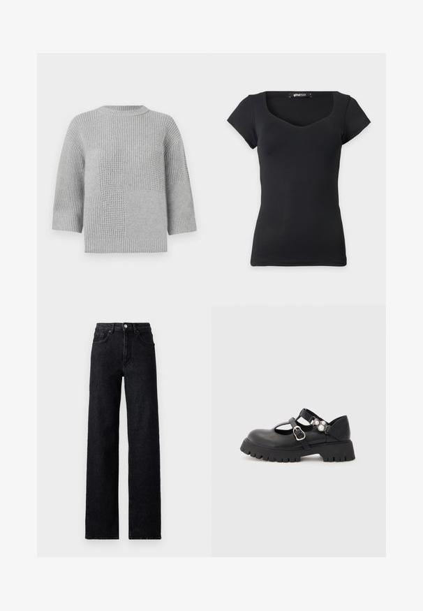 TOM TAILOR STRUCTURE MIX PULLOVER - Trui - medium silver grey; Zwart aansluitend dames topje met korte mouwen en een licht hartvormige halslijn op een effen lichte achtergrond.; Hoogtaille zwarte denim jeans met een knoop- en ritssluiting, voor- en achterzakken, en een rechte pasvorm.; Zwarte leren Mary Jane-schoenen met een ronde neus, verstelbare straps, een chunky rubberen zool en parelaccenten aan de zijkant.