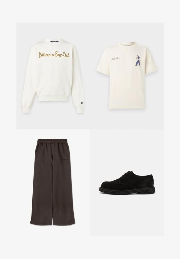 Sweat-shirt blanc à col rond avec manches longues et inscription « Billionaire Boys Club » en lettres dorées sur la poitrine, petit patch logo sur la manche gauche.; T-shirt écru avec un petit motif d'une personne portant du bois sur le côté droit de la poitrine et du texte en cursive sur le côté gauche de la poitrine.; Pegador Pantalon de survêtement - washed walnut brown black; The Antipode DERBY - Derbies - black