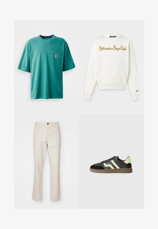 Valge crewneck-stiilis dressipluus pikkade varrukatega, rinnal kuldse kirjaga "Billionaire Boys Club", vasakul varrukal väike logoga plaastr.; Roheline puuvillane T-särk, millel on ümar kaelus, lühikesed varrukad ja eesmine tasku koos logopatchiga. Pehme tekstuur ja mugav lõige.; Beezid puuvillased püksid otse lõikega, millel on kaks esikot, üks nupuga kinnitamine ja nähtavad õmbluse aktsendid.; Must beež ja must spordijalats, millel on sileda naha ülemine osa, sametised varbad ja tekstureeritud pruun kummitald. Omab kontrastseid riba.