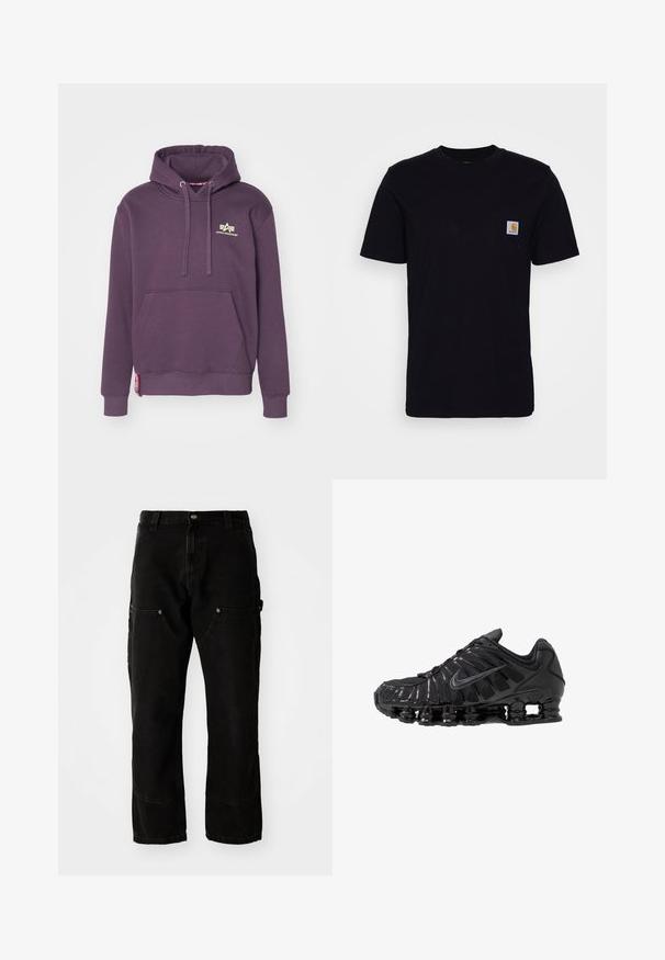 Paarse hoodie van een katoenmix met een kangoeroezak, een capuchon met trekkoord en een klein gouden logo op de borst. Heeft ribgebreide manchetten en zoom.; Zwarte katoenen t-shirt met korte mouwen, ronde hals en een borstzak met een klein, vierkant logo patch. Eenvoudig, stevig ontwerp.; Zwarte denim cargobroek met een relaxed fit, voorzien van twee zijzakken, steekzakken en zichtbare stiksels.; Zwarte sportschoenen gemaakt van mesh en synthetische materialen, met een opvallend golvend ontwerp, zwarte rubberen zool en reflecterende accenten.