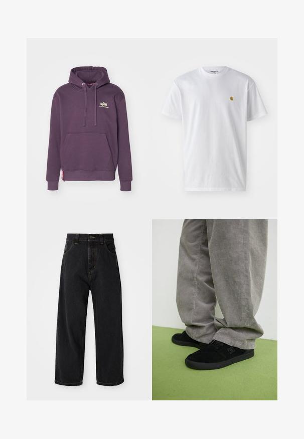 Lilla hættebluse lavet af bomuldsblanding med kengurulomme, snøre i hætten og lille gul logo på brystet. Har ribbede manchetter og kant.; Hvid bomulds t-shirt med korte ærmer, rund hals og et lille guld logo på venstre brystområde. Blød tekstur og almindelig pasform.; Sorte denim jeans med vide ben og høj talje, frontknap, lynlås samt gule syninger på lommer og sømme.; Sorte ruskind skate sko med en struktureret finish og et logo, parret med grå cordurypants med en ribbet tekstur. Grøn gulvoverflade.