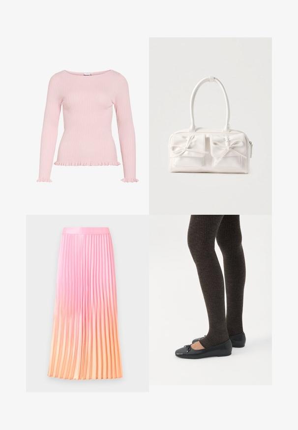Lyserød ribstrikket bluse med lange ærmer, bådudskæring, flæseærmer og flæsekant nederst.; Lang plisseret nederdel med pink-til-fersken ombré-gradient, glat linning og lodrette folder, hængende mod en ensfarvet lys baggrund.; Ben iført mørke ribbede leggings kombineret med sorte balletsko med små sløjfedetaljer på hvid baggrund.; Hvid syntetisk håndtaske med to forlommer, hver med en bundet sløjfedetalje. Glat tekstur, afrundede håndtag og lynlås lukning.