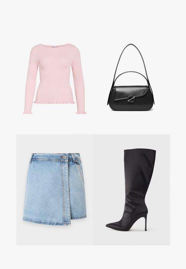 Hellrosa geripptes Langarmshirt mit Boot-Ausschnitt, gerafften Manschetten und gerafftem Saum.; Hellblauer Jeansrock mit geradem Schnitt, vorderem Knopfverschluss und kontrastierenden Nähten an den Nähten. Keine sichtbaren Taschen.; Schwarzer kniehoher Stiletto-Stiefel aus glattem, elegantem Material; spitze Zehe; enganliegend mit subtilen Falten nahe dem Knöchel; glänzender Absatz.; Schwarze Lederschultertasche mit einer geschwungenen Klappe, die durch einen runden Metallverschluss gesichert ist, und einem schlanken, verstellbaren Riemen.