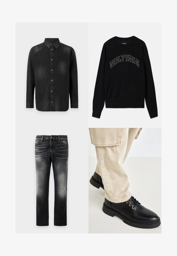 Sort sweater med rund hals og lange ærmer. "VOLTAIRE" i kontrasterende syning hen over brystet. Blød tekstur og tætsiddende design.; Sort denimskjorte med button-down krave, lange ærmer og frontlukning med knapper. Har diskret falmning og en skræddersyet pasform.; Sorte jeans med en falmet finish og slidte detaljer, standard fem-pockets design og lynlås. Lavet af denim stof.; Steve Madden ZEKE - Snørestøvletter - black