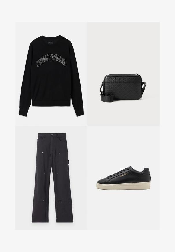 Sort sweater med rund hals og lange ærmer. "VOLTAIRE" i kontrasterende syning hen over brystet. Blød tekstur og tætsiddende design.; Sorte cargo-bukser lavet af slidstærkt stof med lige ben-design, der har forlommer, trykknapper og side-nytte lommer.; Sorte lædersneakers med en glat finish, kontrasterende cremefarvet sål, rund tå, guld logo på siden og seks huller til snørebånd.; Sort tekstureret crossover-taske med prægede geometriske mønstre og justerbar rem med brandlogo.