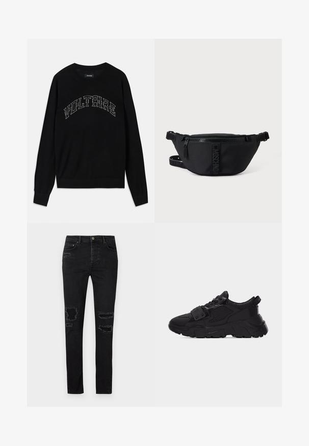 Sort sweater med rund hals og lange ærmer. "VOLTAIRE" i kontrasterende syning hen over brystet. Blød tekstur og tætsiddende design.; Sorte denimjeans i slim fit med slidte revner ved knæene, tonale syninger og klassisk knap- og lynlåslukning.; Sort chunky sneaker med mesh- og læderpaneler, tyk tekstureret sål, snørelukning foran og en strop med metalnitter over snørebåndene.; Sort Moschino bæltetaske med frontlynlås og justerbar rem på en ensfarvet lys baggrund.