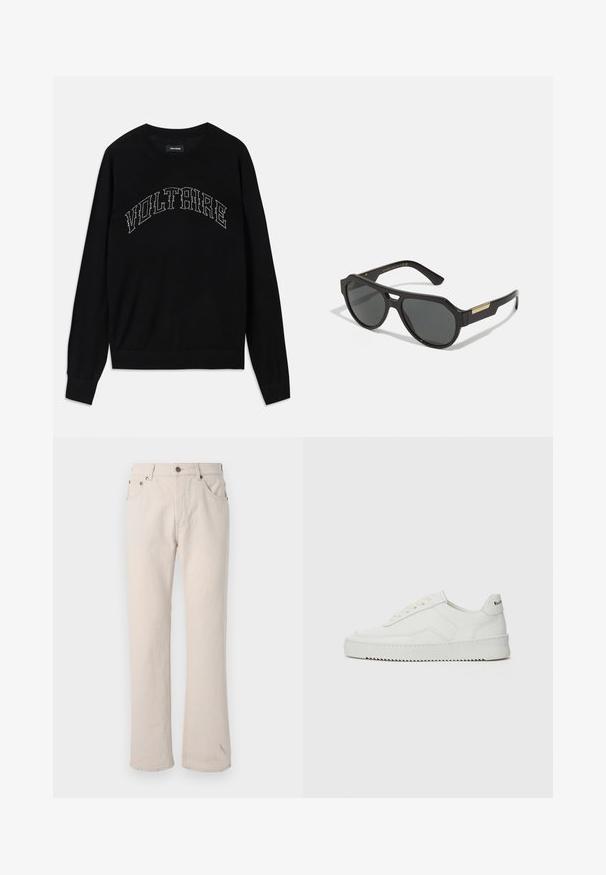 Sort sweater med rund hals og lange ærmer. "VOLTAIRE" i kontrasterende syning hen over brystet. Blød tekstur og tætsiddende design.; Beige denim jeans med lige skæring, der har fem lommer, en knaplukning og diskrete syningss detaljer ved sømmene.; Hvide lædersneakers med en glat overflade, rund tå, flade snørebånd og en tekstureret sål. Har et diskret logo på hælen.; Sorte solbriller med en geometrisk stel, tonede linser og guld accenter på stængerne. Glat plastmateriale med en mat overflade.