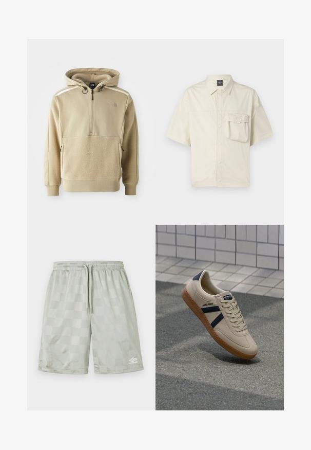 Beige hoodie med halv-zip lukning, fleece krop og glat stof på skuldrene. Inkluderer justerbare snore og lynlåslommer.; Kortærmet skjorte i lys beige med brystlomme, glat tekstur og klassisk krave-design.; Umbro FOOTBALL SHORT - Træningsbukser - harbor mist; Beige sneaker med struktureret overflade, marineblå striber og gummisål. Har en polstret tunge og traditionelt snørresystem for en sikker pasform.