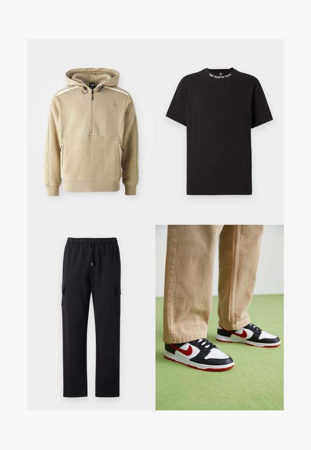Sudadera beige con media cremallera, cuerpo de forro polar y tela suave en los hombros. Incluye cordones ajustables y bolsillos con cremallera.; Camiseta negra de manga corta con cuello redondo que presenta el texto "THE NORTH FACE" impreso alrededor del cuello.; Pantalones cargo negros con un corte relajado, cinturilla elástica y cordón. Cuenta con dos bolsillos laterales para almacenamiento. Tejido suave al tacto.; Las zapatillas Nike Dunk presentan un diseño de cuero negro con acentos rojos y un swoosh blanco. La suela es roja, con una puntera blanca texturizada.