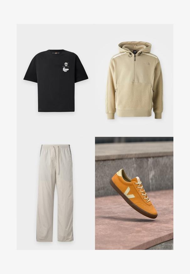 Beige hoodie met een half-rits sluiting, fleece body en gladde stof op de schouders. Inclusief verstelbare trekkoorden en ritszakken.; Zwarte katoenen T-shirt met korte mouwen, voorzien van een wit logo en grafisch ontwerp op de borst. Eenvoudige, ontspannen pasvorm.; Beige, lichte joggingsbroek met een elastische tailleband, voorzien van donkere zijpanelen en een losse, rechte pasvorm.; Oranje suède sneaker met beige accenten, met een afgeronde neus, tonale veters en een gestructureerde bruine rubberen zool. Logo op de tong en zijkant.