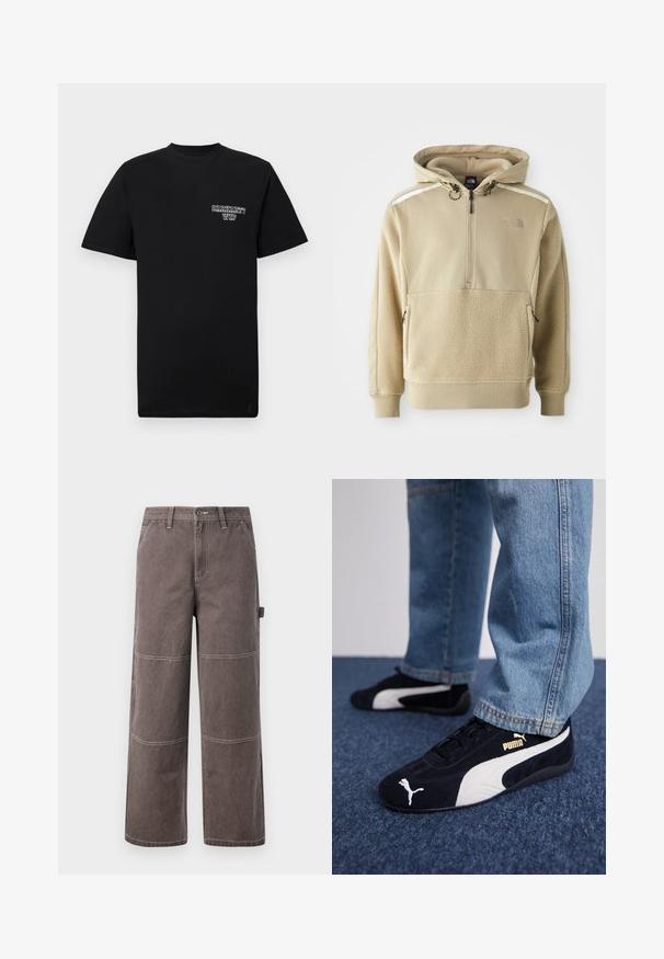 Beige hoodie met een half-rits sluiting, fleece body en gladde stof op de schouders. Inclusief verstelbare trekkoorden en ritszakken.; Zwarte katoenen t-shirt met korte mouwen en een ronde hals, met een witte bedrukte logo op de linkerborst. Gladde textuur, normale pasvorm.; Wijd been broek in een vervaagde bruine kleur, gemaakt van duurzaam materiaal met contrasterende stiksels. Kenmerkt paneeldetails en een zijzak.; Zwarte suède sneakers met witte accenten, voorzien van een gouden logo. Gemaakt met lichtblauwe spijkerbroek en geplaatst op een textuur blauwe ondergrond.